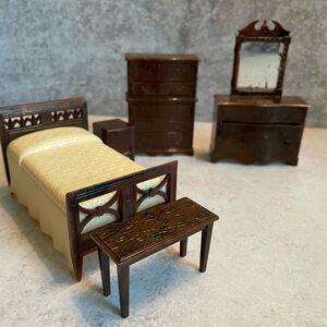 Vintage 1940 Renwal Dollhouse Miniature Bedroom Furniture Bed Dresser Nightstand